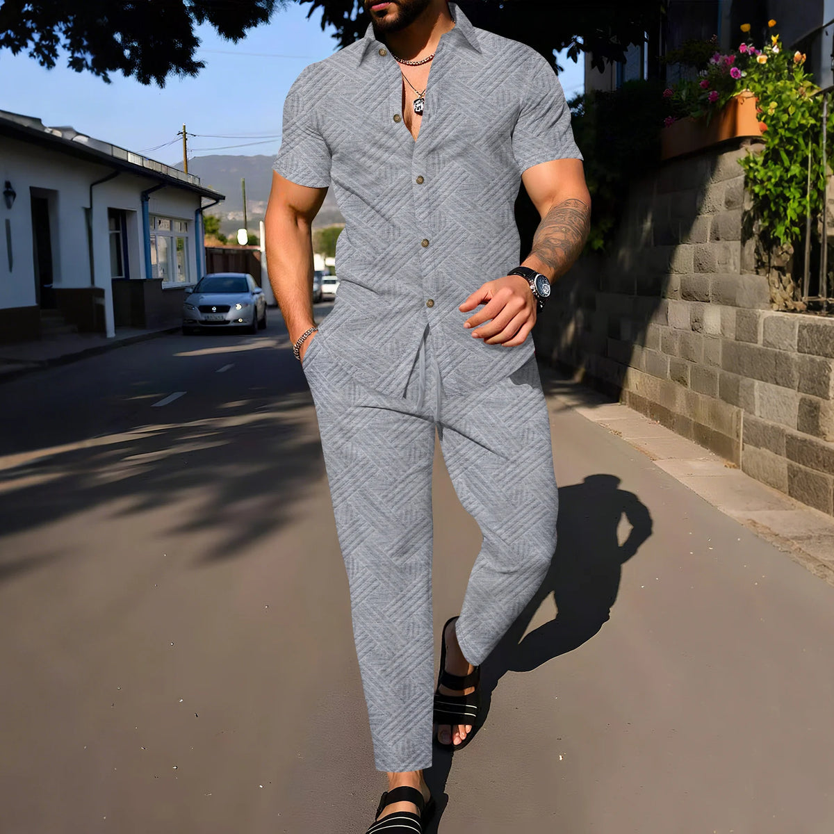 A fashionable and trendy two-piece short-sleeved shirtwithlong pants is perfect for men's daily casual wear in spring and autumn
