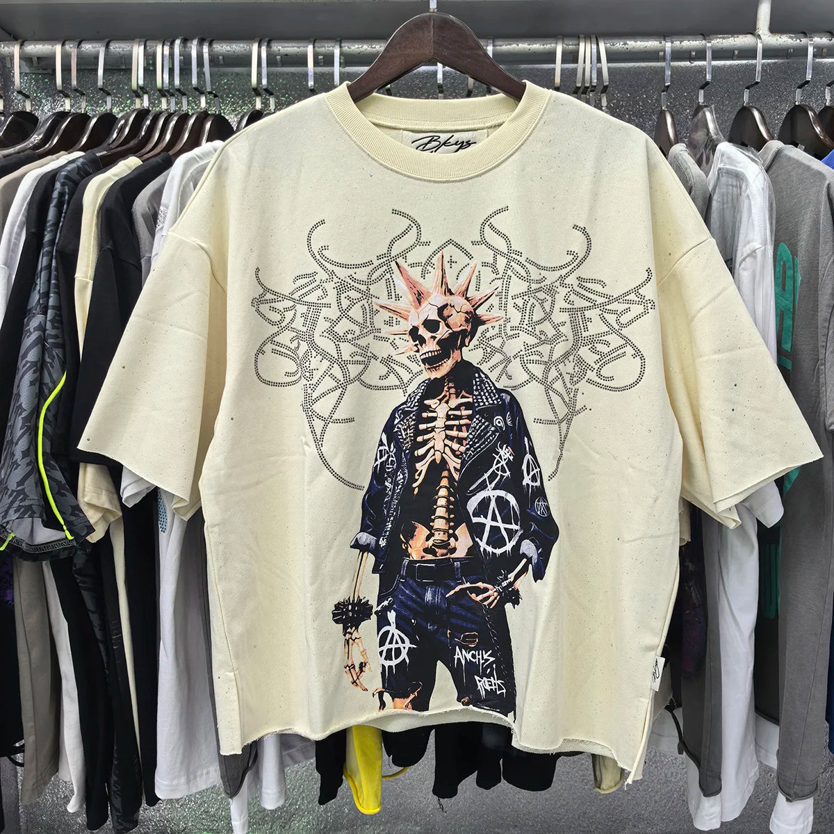 Heavy Fabric Cotton Vintage Wash Black T-Shirt Letters Rhinestone Tee Skeleton Graphics Print casual F-Terry Crop Top Tees Tags