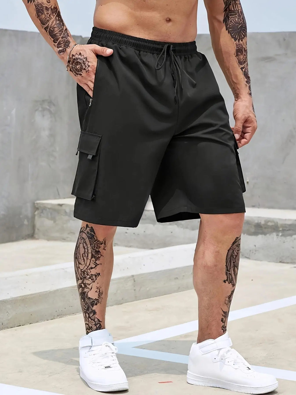 Men's Plain Regular Style Cargo Shorts with Adjustable Drawstrings and Zippers, Casual Shorts, Suitable for Summer Basketball and Beach Vacation, Daily Travel, Fitness and Other Scenes