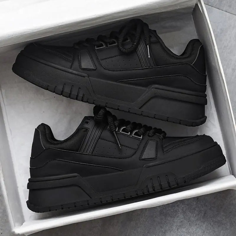 Men's Spring Autumn Unique Design Versatile Casual Pure Black Sneakers Teen Sports Thick Bottom Heightening Trendy Loers