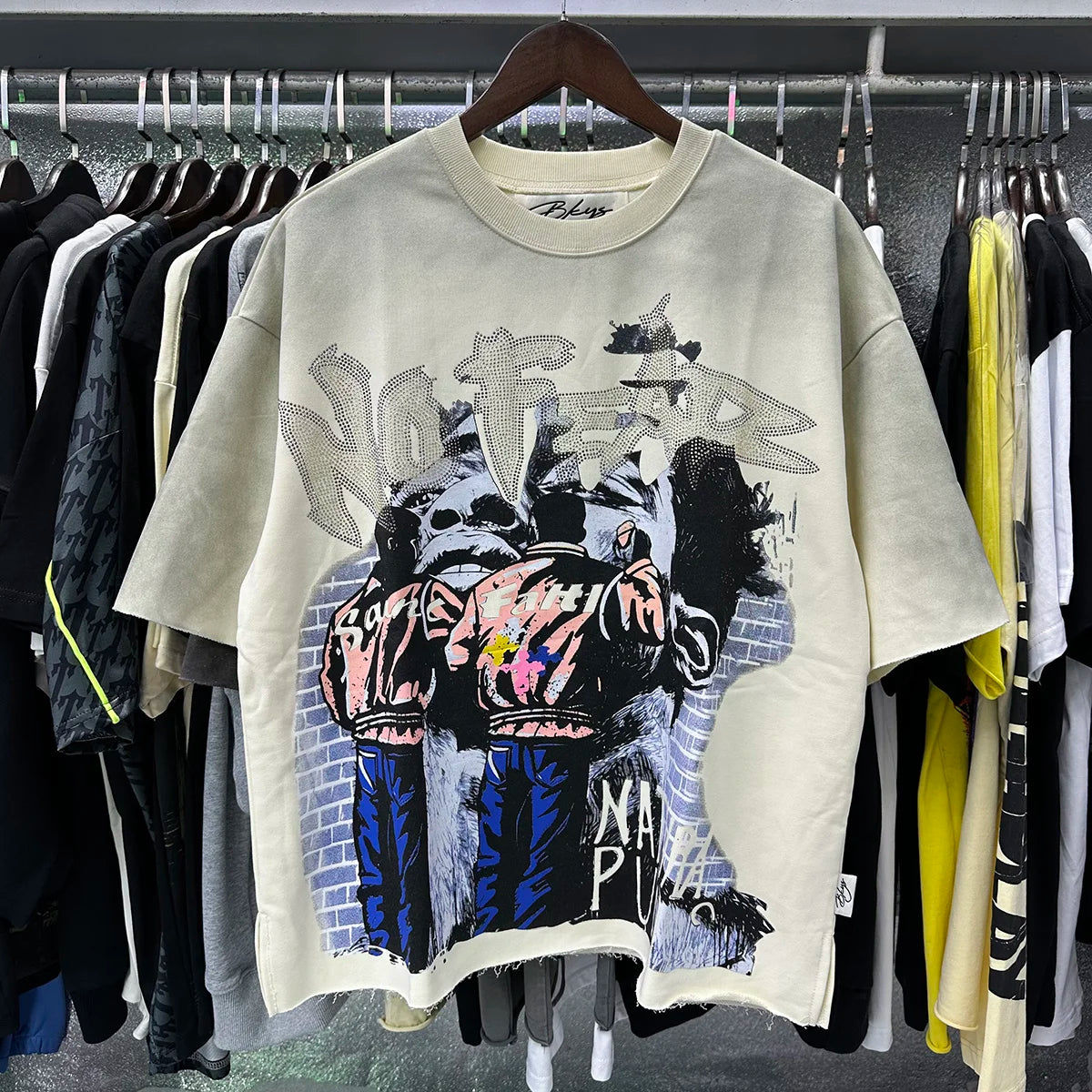 Heavy Fabric Cotton Vintage Wash Black T-Shirt Letters Rhinestone Tee Skeleton Graphics Print casual F-Terry Crop Top Tees Tags