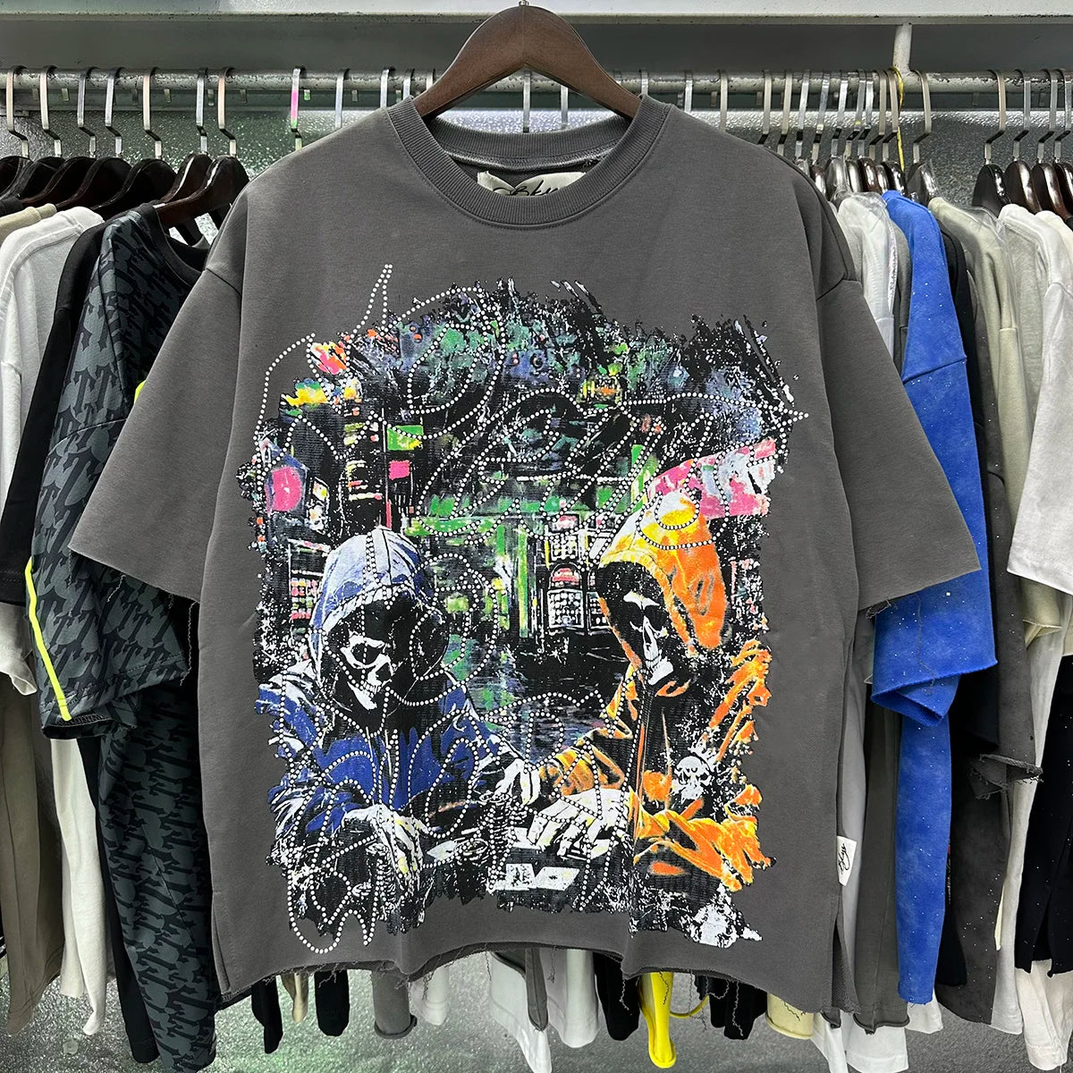 Heavy Fabric Cotton Vintage Wash Black T-Shirt Letters Rhinestone Tee Skeleton Graphics Print casual F-Terry Crop Top Tees Tags