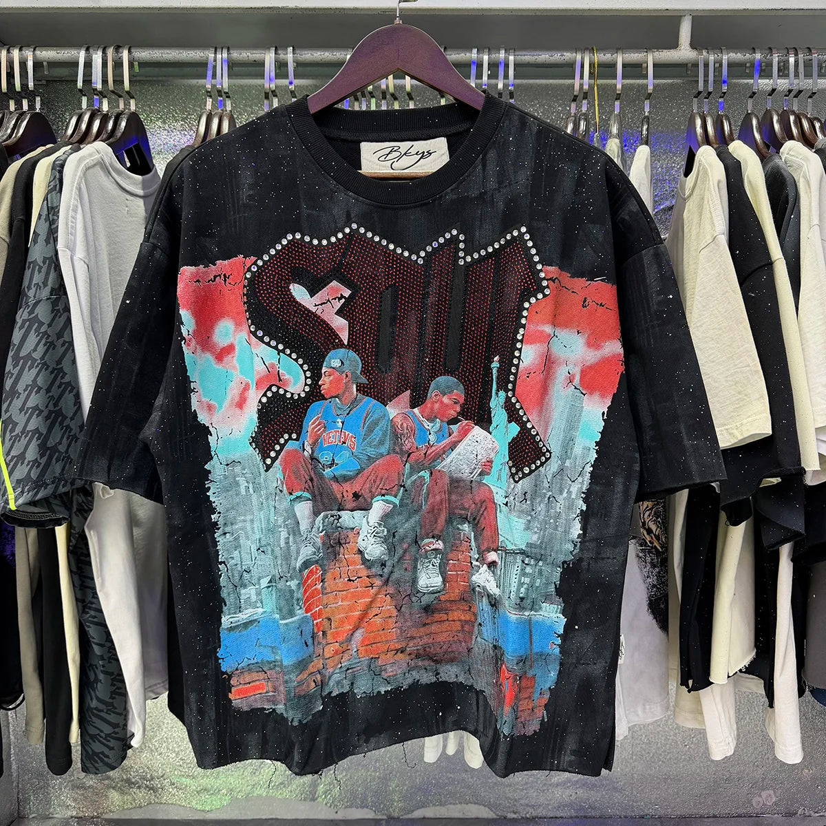 Heavy Fabric Cotton Vintage Wash Black T-Shirt Letters Rhinestone Tee Skeleton Graphics Print casual F-Terry Crop Top Tees Tags