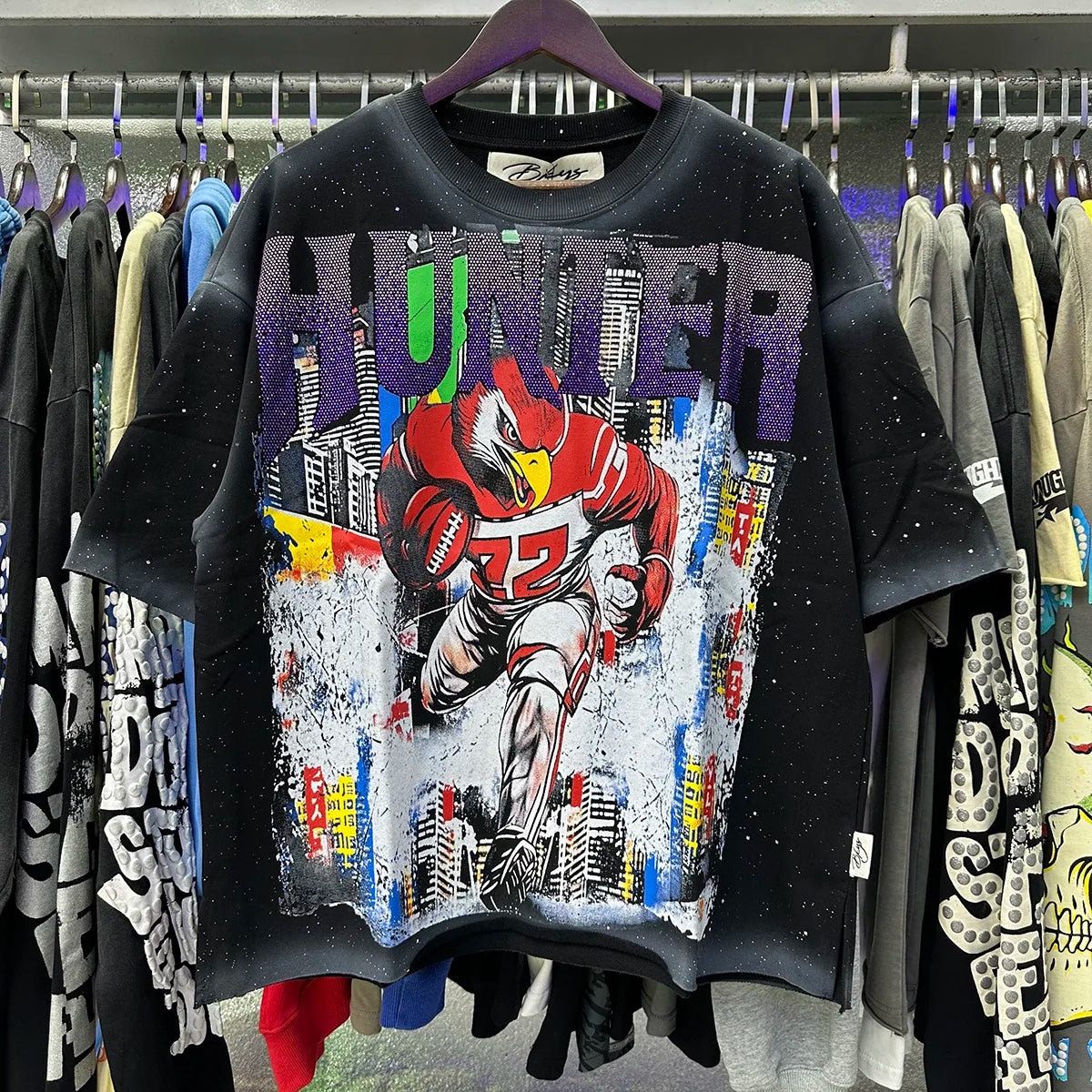Heavy Fabric Cotton Vintage Wash Black T-Shirt Letters Rhinestone Tee Skeleton Graphics Print casual F-Terry Crop Top Tees Tags