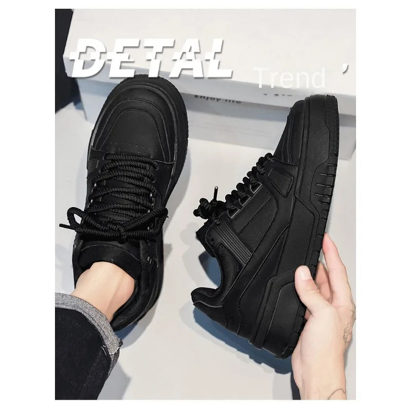 Men's Spring Autumn Unique Design Versatile Casual Pure Black Sneakers Teen Sports Thick Bottom Heightening Trendy Loers