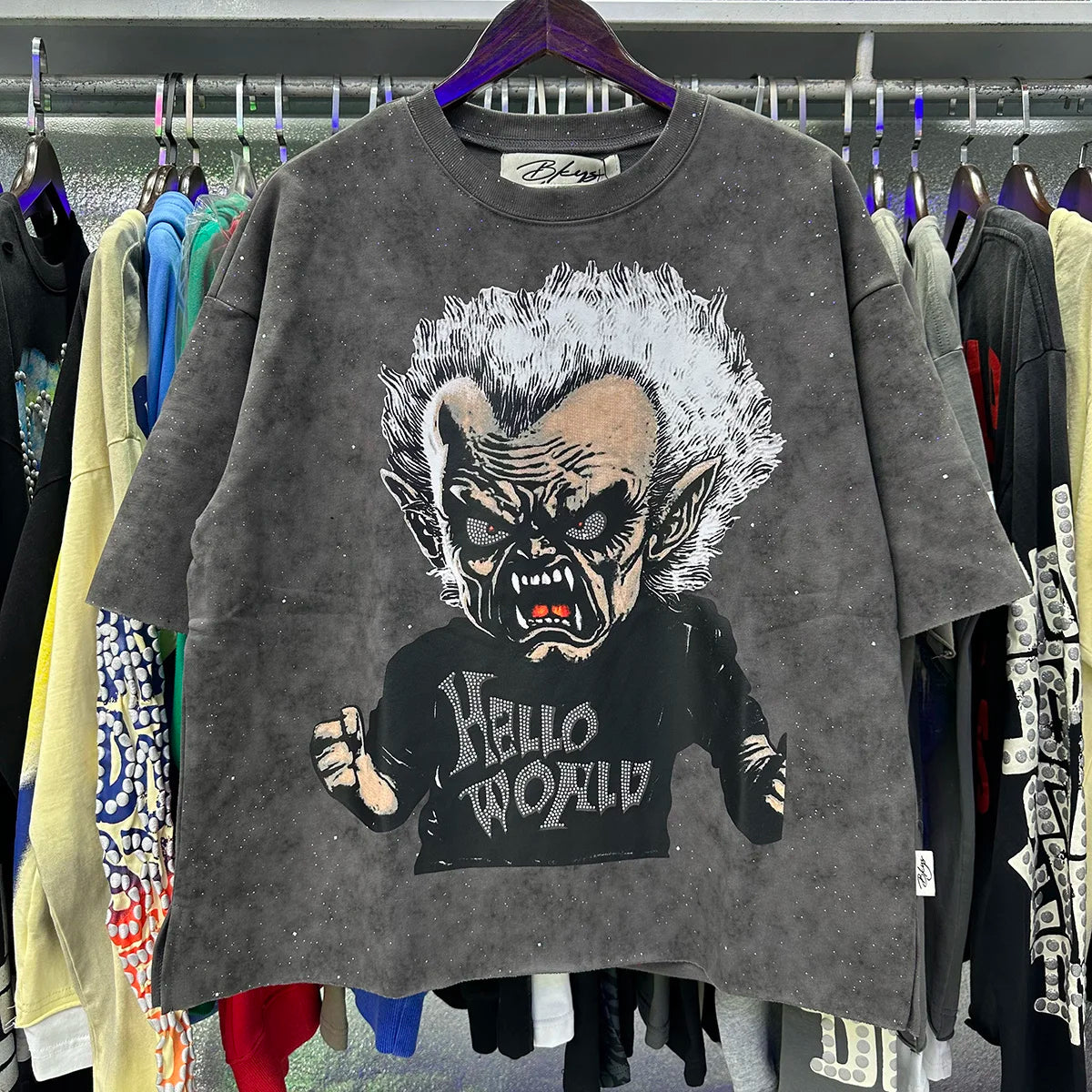 Heavy Fabric Cotton Vintage Wash Black T-Shirt Letters Rhinestone Tee Skeleton Graphics Print casual F-Terry Crop Top Tees Tags