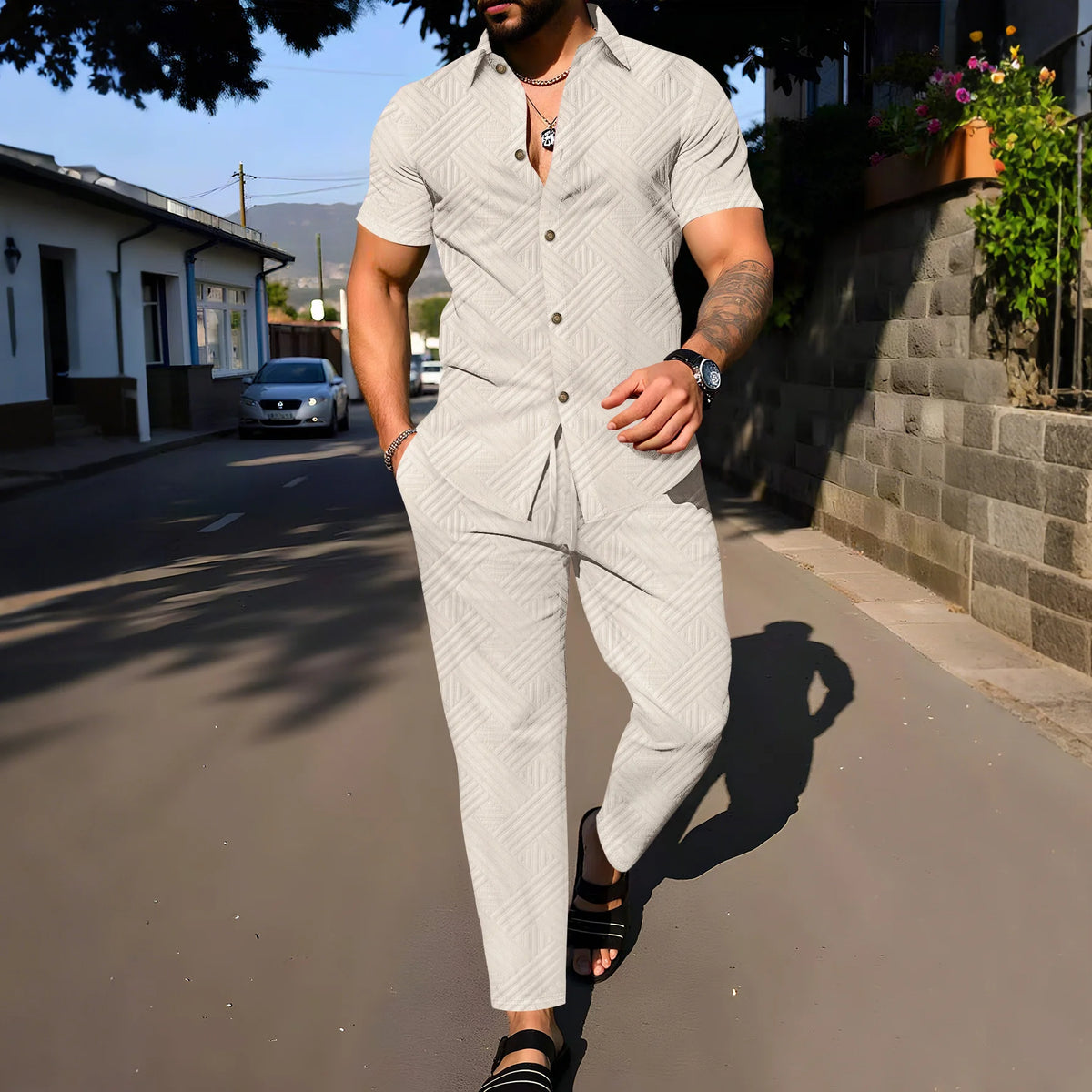A fashionable and trendy two-piece short-sleeved shirtwithlong pants is perfect for men's daily casual wear in spring and autumn
