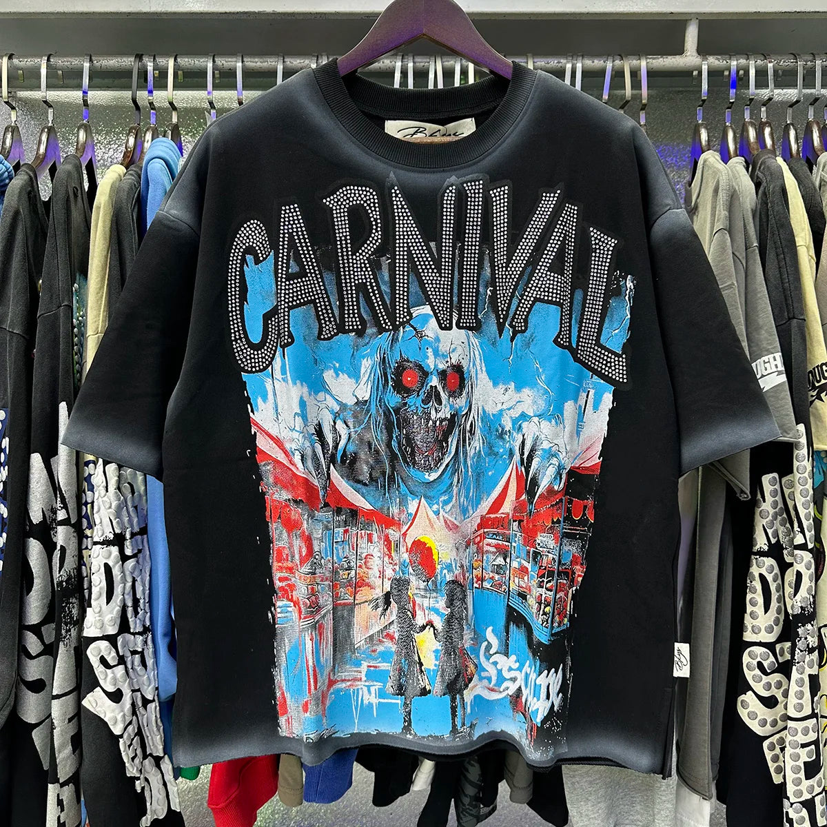 Heavy Fabric Cotton Vintage Wash Black T-Shirt Letters Rhinestone Tee Skeleton Graphics Print casual F-Terry Crop Top Tees Tags