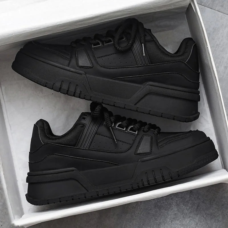 Men's Spring Autumn Unique Design Versatile Casual Pure Black Sneakers Teen Sports Thick Bottom Heightening Trendy Loers