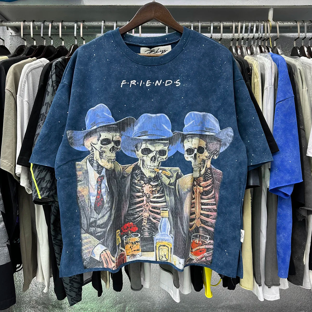 Heavy Fabric Cotton Vintage Wash Black T-Shirt Letters Rhinestone Tee Skeleton Graphics Print casual F-Terry Crop Top Tees Tags
