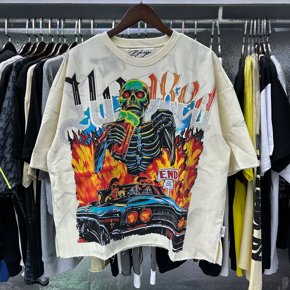 Heavy Fabric Cotton Vintage Wash Black T-Shirt Letters Rhinestone Tee Skeleton Graphics Print casual F-Terry Crop Top Tees Tags