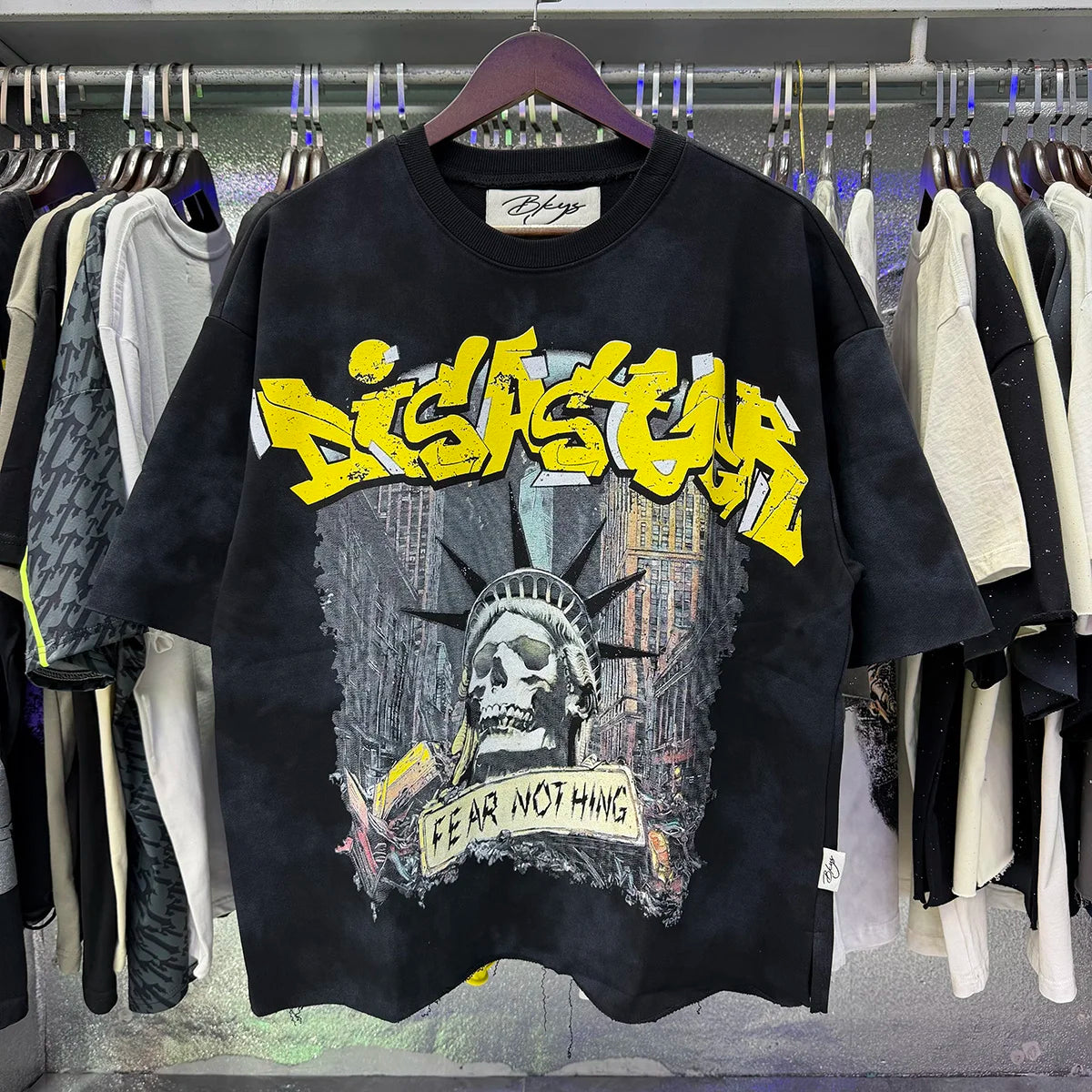 Heavy Fabric Cotton Vintage Wash Black T-Shirt Letters Rhinestone Tee Skeleton Graphics Print casual F-Terry Crop Top Tees Tags