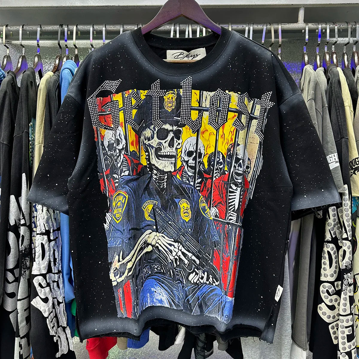 Heavy Fabric Cotton Vintage Wash Black T-Shirt Letters Rhinestone Tee Skeleton Graphics Print casual F-Terry Crop Top Tees Tags