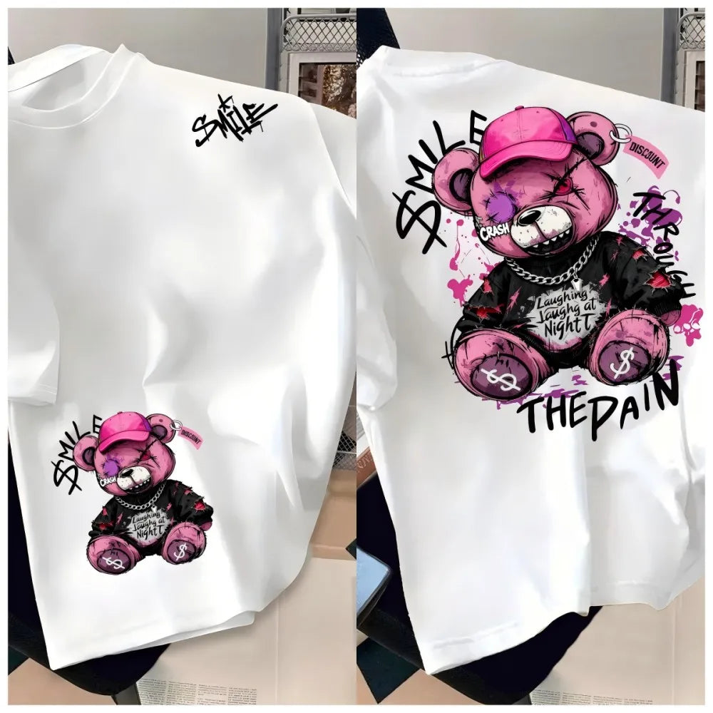 European and American men's summer horror teddy bear print comfortable breathable round neck T-shirt outdoor street top