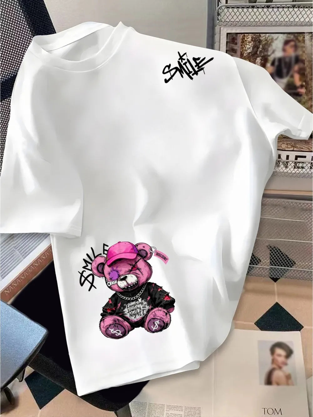 European and American men's summer horror teddy bear print comfortable breathable round neck T-shirt outdoor street top