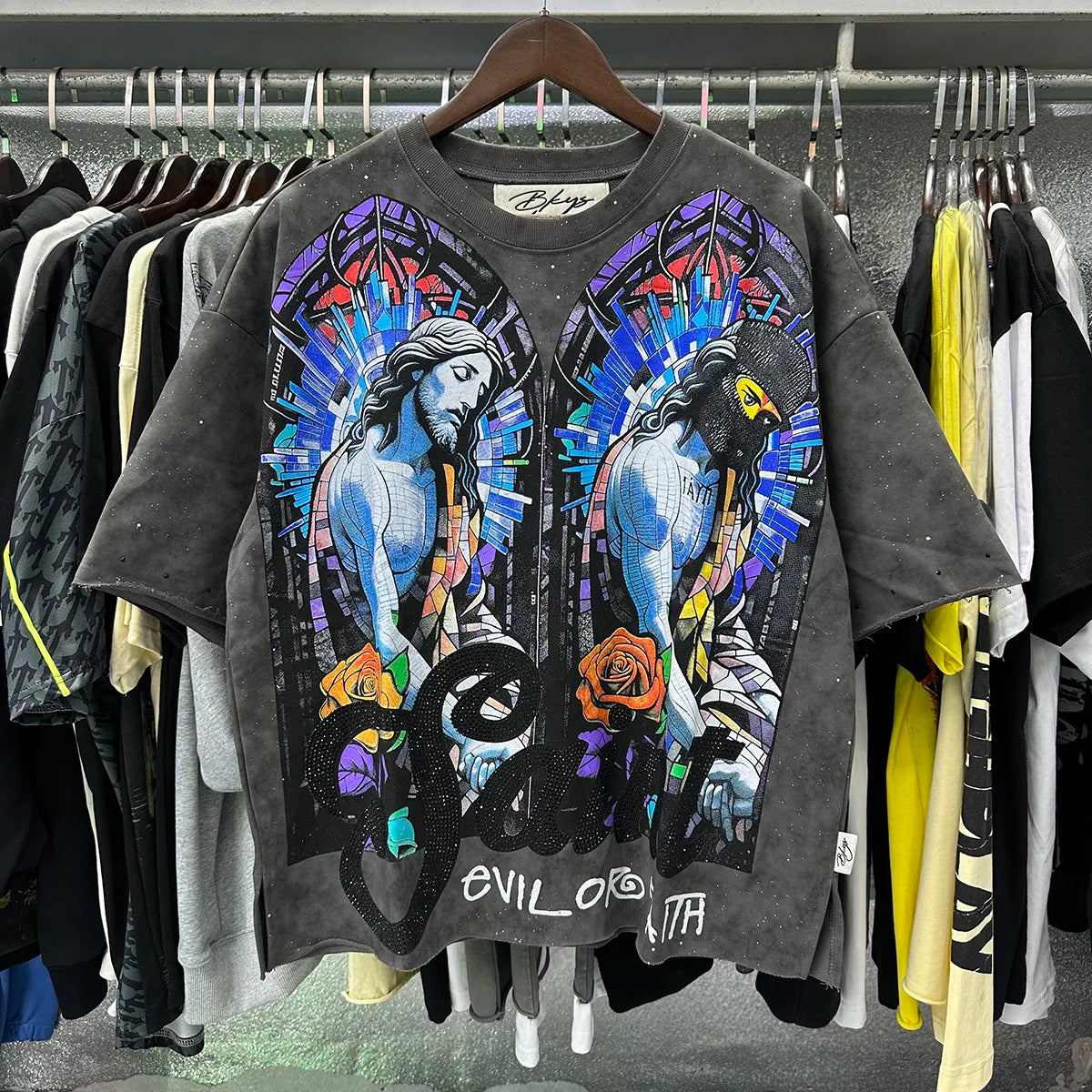Heavy Fabric Cotton Vintage Wash Black T-Shirt Letters Rhinestone Tee Skeleton Graphics Print casual F-Terry Crop Top Tees Tags