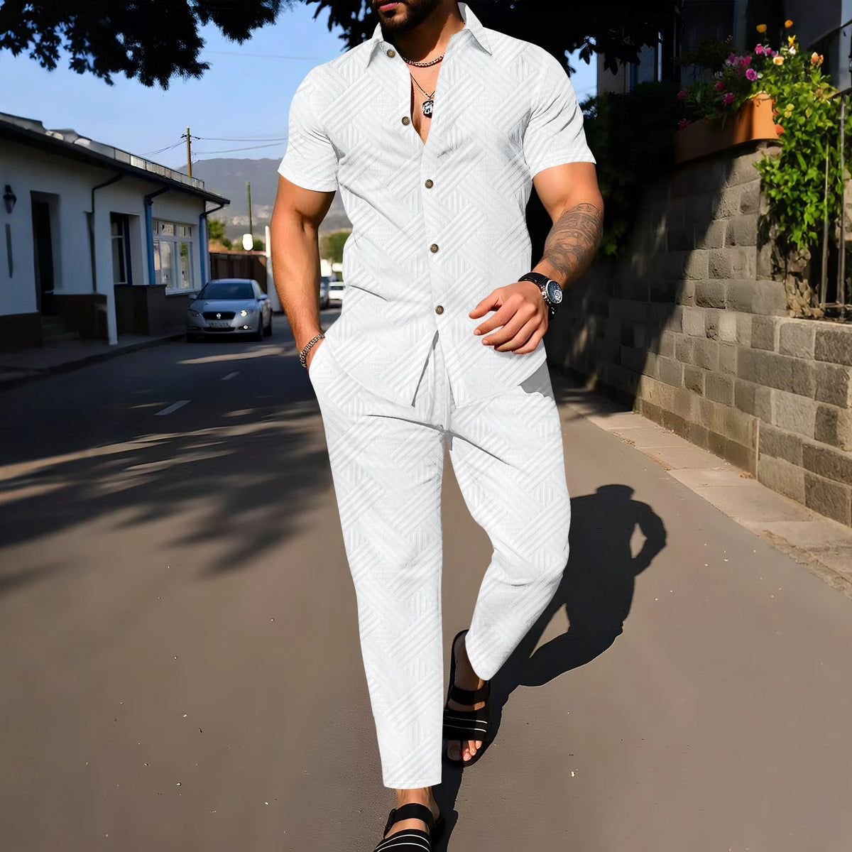 A fashionable and trendy two-piece short-sleeved shirtwithlong pants is perfect for men's daily casual wear in spring and autumn