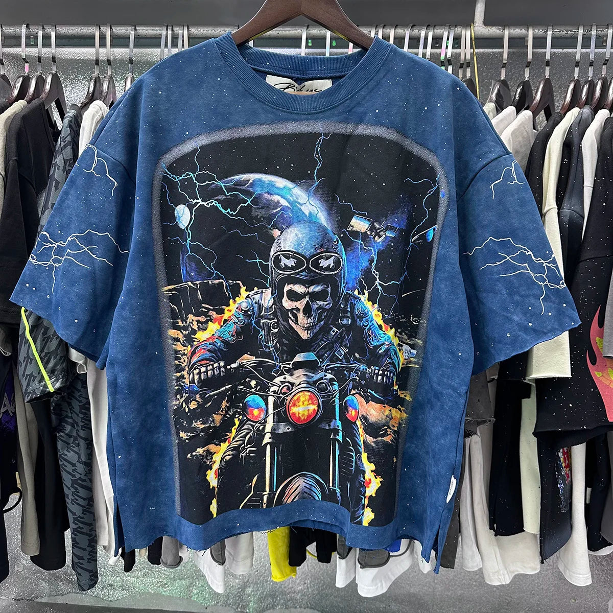Heavy Fabric Cotton Vintage Wash Black T-Shirt Letters Rhinestone Tee Skeleton Graphics Print casual F-Terry Crop Top Tees Tags