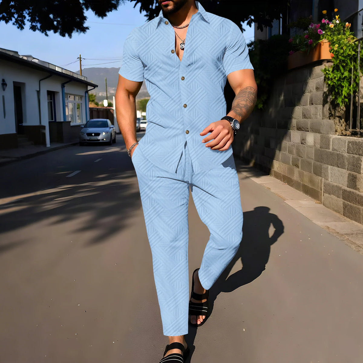 A fashionable and trendy two-piece short-sleeved shirtwithlong pants is perfect for men's daily casual wear in spring and autumn