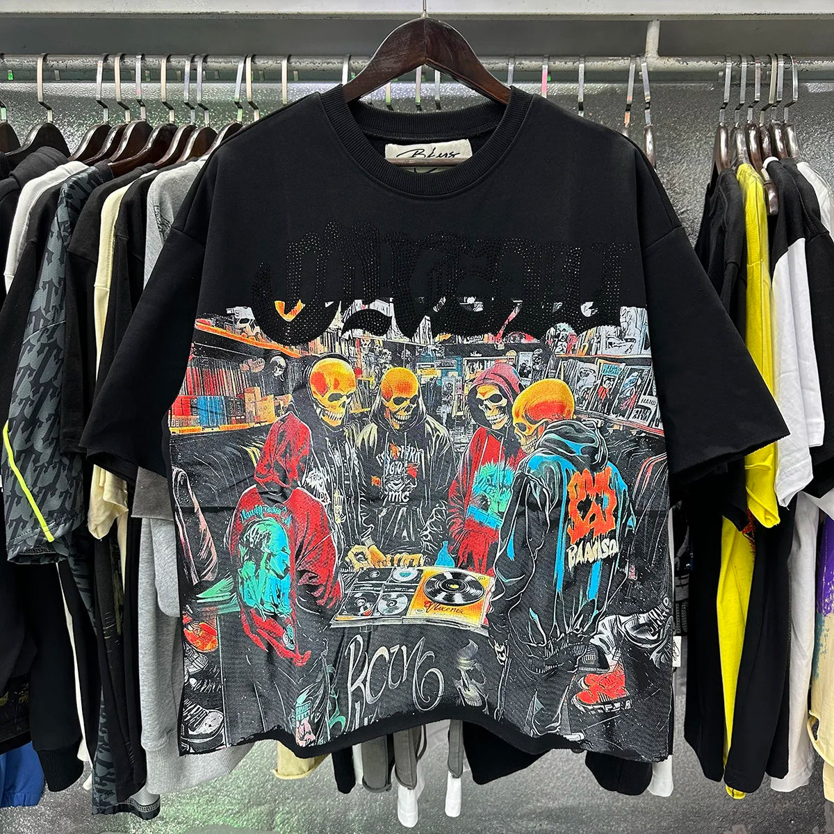 Heavy Fabric Cotton Vintage Wash Black T-Shirt Letters Rhinestone Tee Skeleton Graphics Print casual F-Terry Crop Top Tees Tags