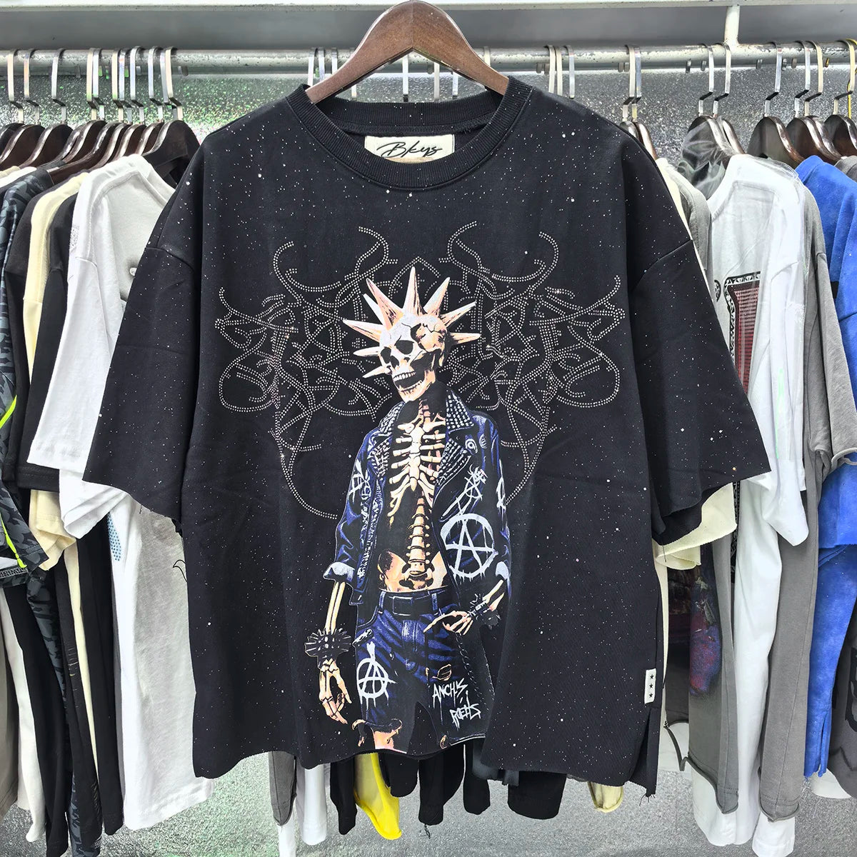 Heavy Fabric Cotton Vintage Wash Black T-Shirt Letters Rhinestone Tee Skeleton Graphics Print casual F-Terry Crop Top Tees Tags