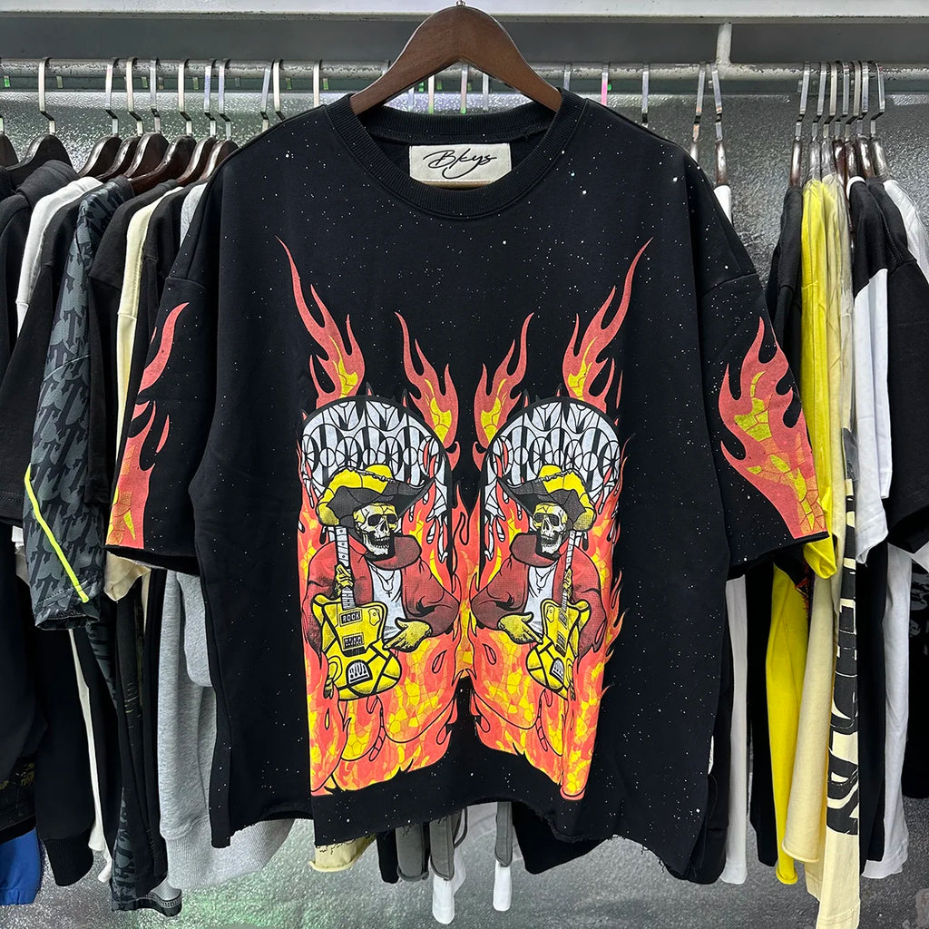 Heavy Fabric Cotton Vintage Wash Black T-Shirt Letters Rhinestone Tee Skeleton Graphics Print casual F-Terry Crop Top Tees Tags
