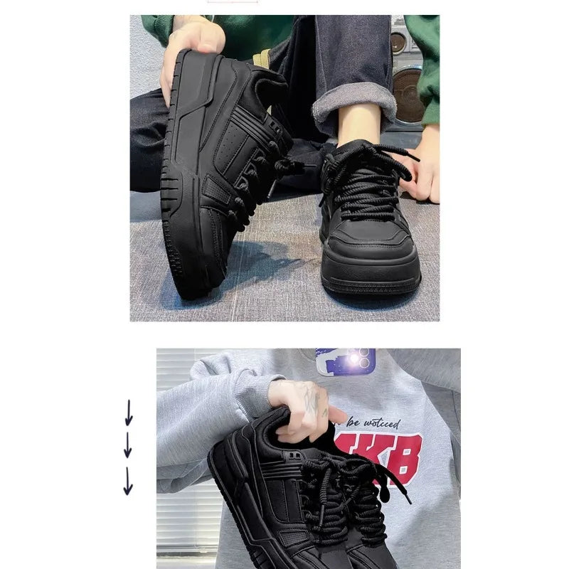 Men Black Casual Skate Shoes Spring Autumn Minimalist Design Thick Sole Height Increasing Youth Sports Fashion Sneakers