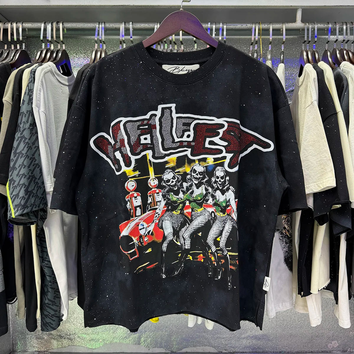 Heavy Fabric Cotton Vintage Wash Black T-Shirt Letters Rhinestone Tee Skeleton Graphics Print casual F-Terry Crop Top Tees Tags